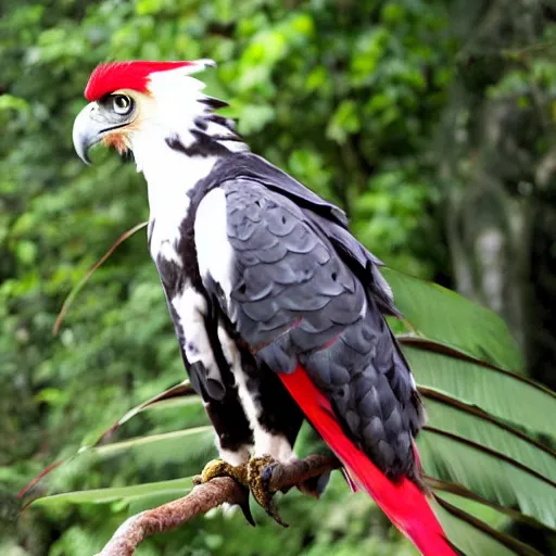 Image similar to Harpy eagle and red cardinal hybrid, real photo from zoo,