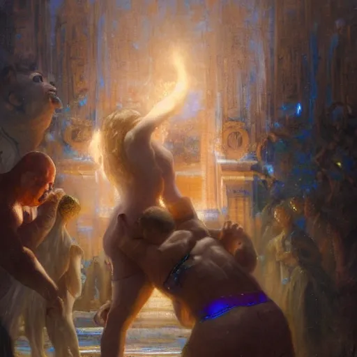 Image similar to bald wrestler breaking blonde wrestler's back, radiant light, caustics, heroic, bright iridescent light, by gaston bussiere, bayard wu, greg rutkowski, maxim verehin, epic wrestling combat, legendary