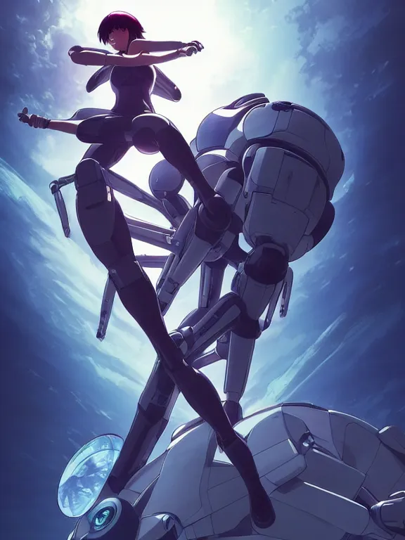 Image similar to a fullbody action still of motoko kusanagi riding on top of a tachikoma, the major ghost in the shell : : stand alone complex, under repairs, maintenance : : by ilya kuvshinov, rossdraws, artgerm, sola digital arts, anti aliasing, raytracing : :