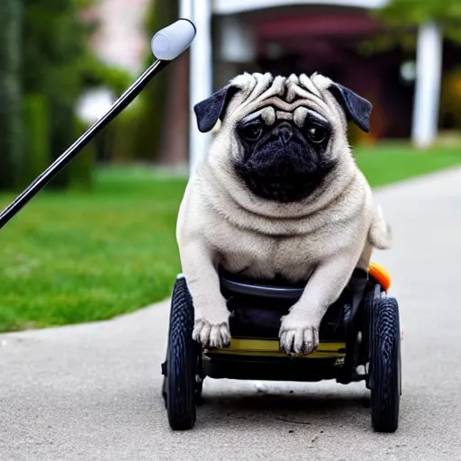 Image similar to a morbidly obese pug riding a motorized shopping cart mobility scooter, high resolution photo