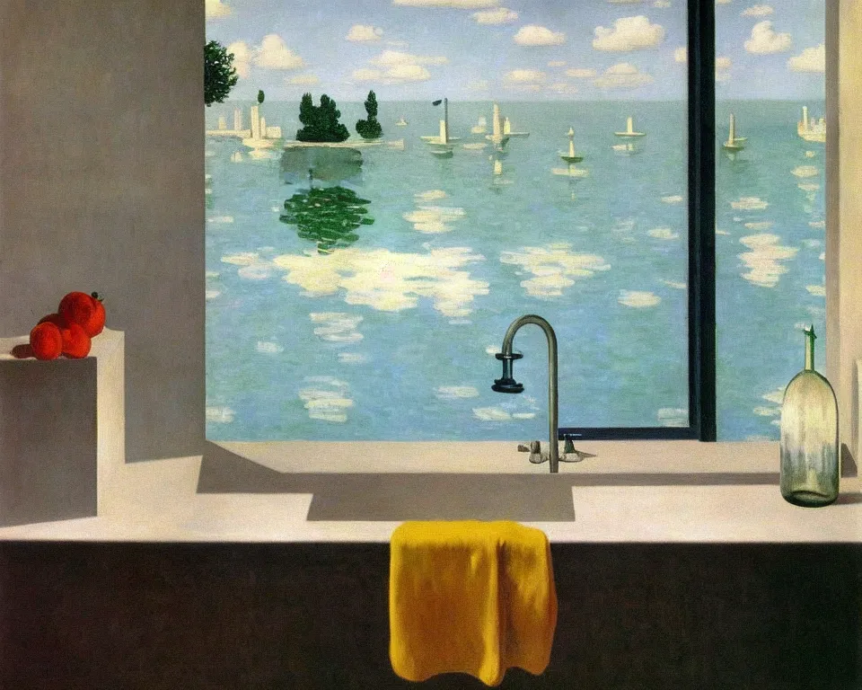 Image similar to achingly beautiful painting of a sophisticated, well - decorated, modern kitchen sink by rene magritte, monet, and turner.