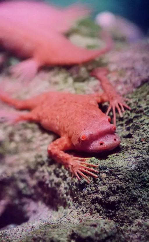 Image similar to Close up of an axolotl in an aquarium, insanely detailed, octane render, cinestill 800t, low light and soft focus