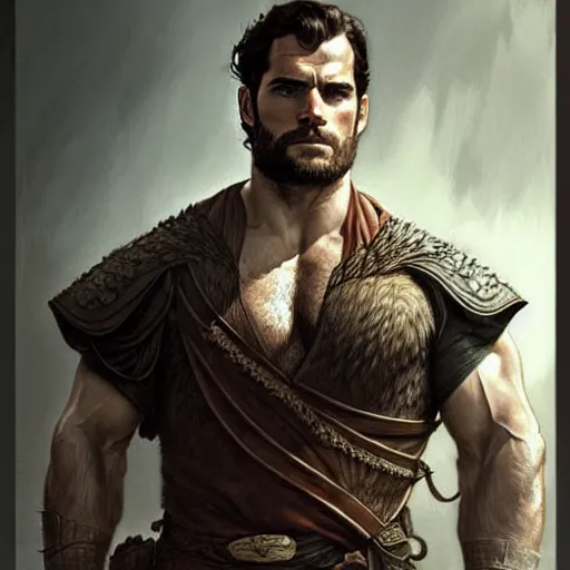 Image similar to Henry Cavill is a rugged ranger, D&D, muscular, fantasy, intricate, elegant, highly detailed, digital painting, artstation, concept art, smooth, sharp focus, illustration, art by artgerm and greg rutkowski and alphonse mucha