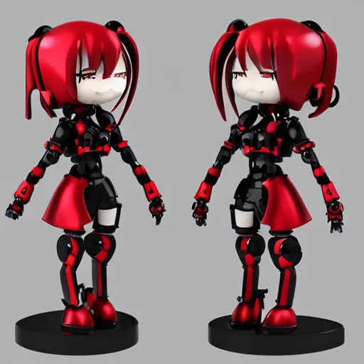 Prompt: cute chibi pvc figure of a robot girl, steampunk knight armor, red and black, energetic, anime, vray