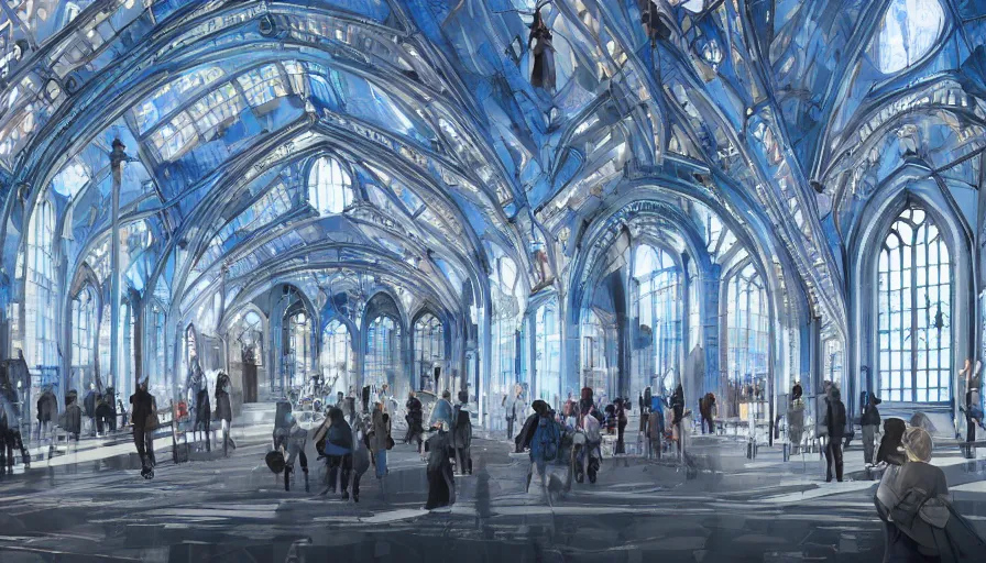 Prompt: futuristic neo - gothic london's church train station with blue windows and giant white dome on top, day, hyperdetailed, artstation, cgsociety, 8 k