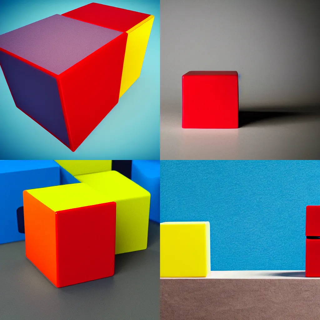 Prompt: A red cube on top of a blue cube on top of a yellow cube