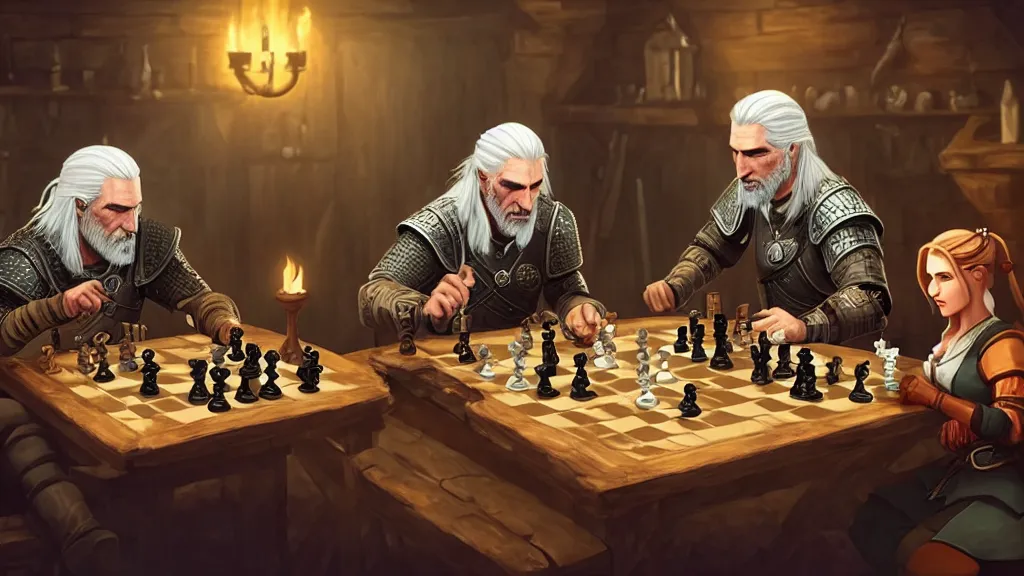 Image similar to Geralt of Rivia and Ciri playing chess in a tavern. geralt de rivia and ciri play at a table in the middle of the tavern, pixel art by Gerardo Quiroz, devian art, 4k