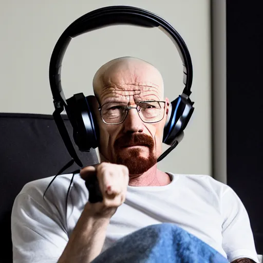 Image similar to professional head shot of walter white wearing a gaming headset and sitting in a gaming chair in a bedroom, 8 k, dslr, very detailed, very intricate,