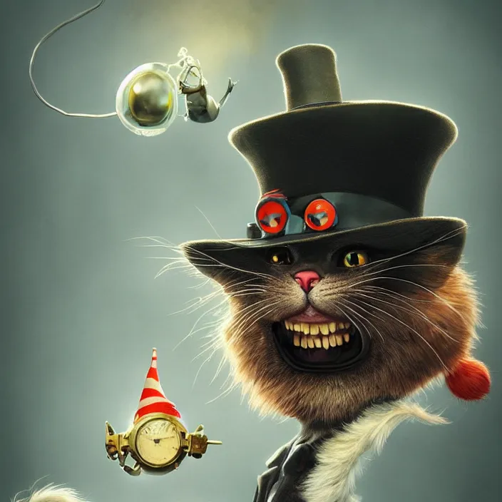 Prompt: complex 3 d render, hyper detailed, ultra sharp, cat in the hat, scary, cute, cinematic, head and shoulders, steampunk, natural soft light, rim light, octane render, artstation, art by artgerm and greg rutkowski and alberto seveso, dr seuss