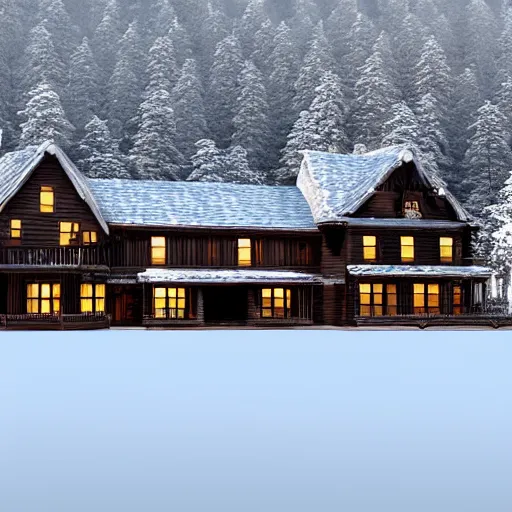 Image similar to wooden mansion in the woods snow, lights large lake highly realistic photorealistic