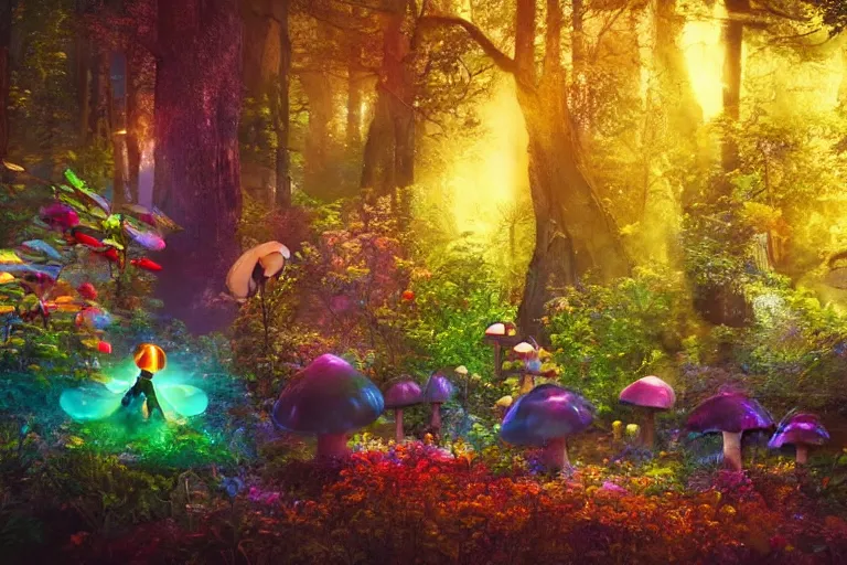 Image similar to An astronaut walking in an enchanted fantasy forest. Colorful. Glowing mushrooms. Flying fairies. Cinematic lighting. Photorealism.