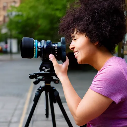 Prompt: woman taking a photograph with a studio camera on the sidewalk outdoors