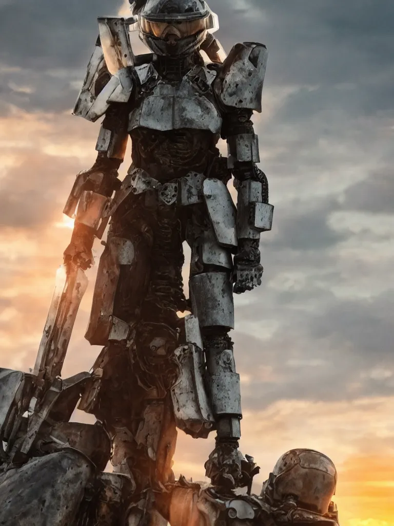 Prompt: emily blunt in futuristic power armor, standing on a hill, holding a sword, edge of tomorrow, angel of verdun, sunset