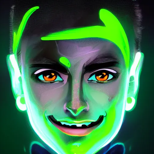 Image similar to a digital matte intricate smiling face illustration concept art, young danny phantom with glowing green eyes cute alt art fashion inspired by charlie bowater and wlop and mark arian and ross tran + neon colors, symmetry, intricate complexity, epic composition, magical atmosphere, highly detailed, cinematic lighting + masterpiece, trending on artstation + 8 k