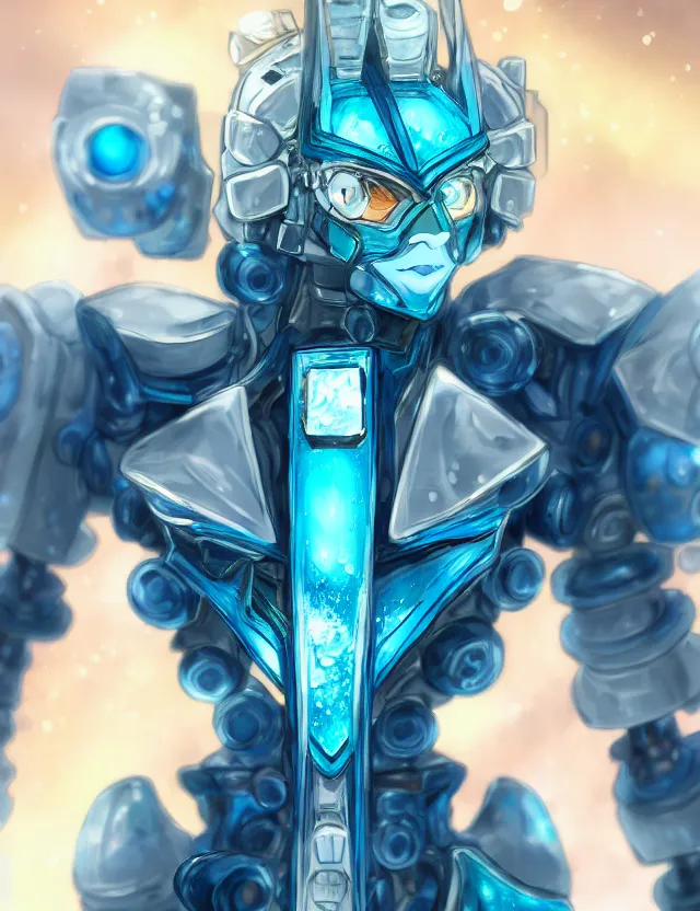 Image similar to a detailed manga portrait of an aquamarine and topaz crystalline mech with ruby crystal armour plating, trending on artstation, digital art, 4 k resolution, detailed, high quality, sharp focus, hq artwork, coherent, insane detail, character portrait