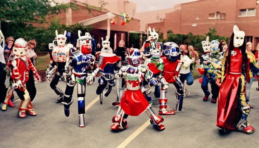 Prompt: 1990s candid photo of a middle school home coming dance with robot warrior rabbits, cinematic, UHD