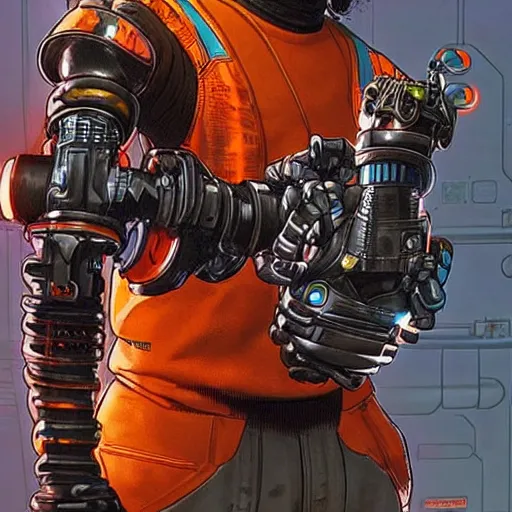 Prompt: mechanic wearing cyberpunk 2 0 7 7 industrial mechanical arms. orange and black color scheme. concept art by james gurney and mœbius. ( apex legends )