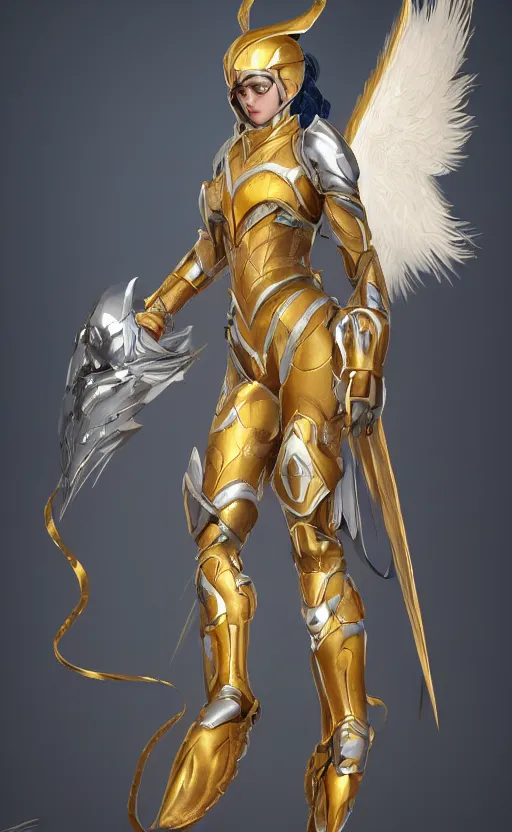 Image similar to Concept art, angel knight girl in golden and silver armor adorned with sapphire gems, artstation trending, octane render, cinematic, highly detailded