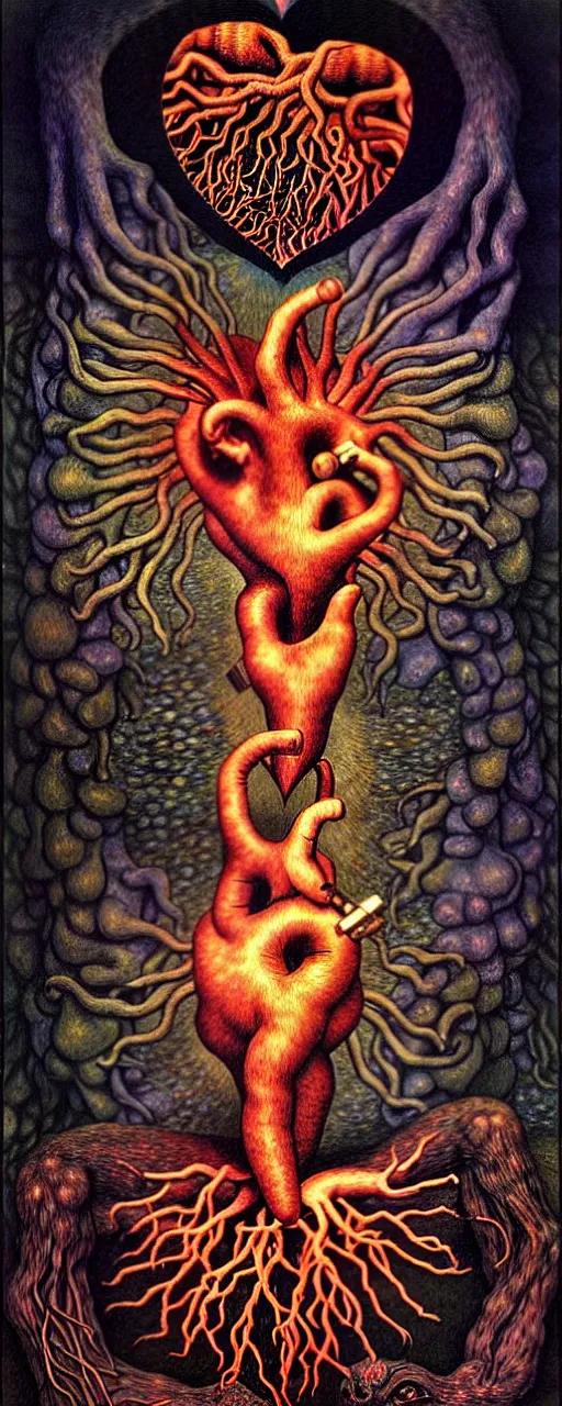 Prompt: mythical creatures and monsters in the visceral anatomical human heart imaginal realm of the collective unconscious, in a dark surreal mixed media oil painting by johfra, mc escher, dramatic lighting from inner fire
