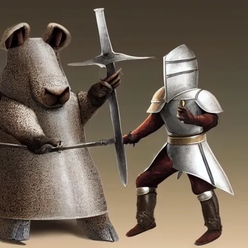 Prompt: Medieval capybara with knight armor and a longsword