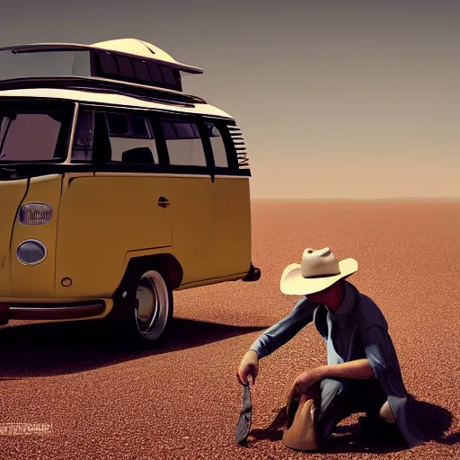 Image similar to a man wearing a cowboy hat leaning on a volkswagen camper on a paved desert highway, digital painting, masterpiece, digital art, octane render, unreal engine 5, trending on deviantart, highly detailed, high quality, 4 k, realistic and detailed face, cinematic, high coherence, soft lighting, path traced, elegant,