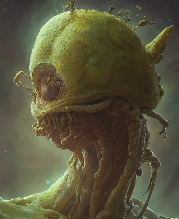 Prompt: portrait of an alien fungus creature, adorable, childlike, milky way environment, ultra realistic, concept art, psychedelic, photorealistic, octane render, 8 k, unreal engine. art by christopher marley and artgerm and greg rutkowski and alphonse mucha