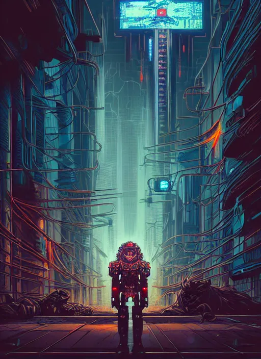 Image similar to a lion cyborg helmet in a cyberpunk city abandoned by dan mumford, center frame singular high fantasy character concept art symmetrical features, digital painting, sharp focus, illustration