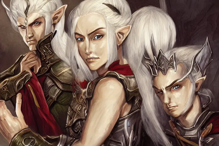 Prompt: dungeons and dragons fantasy painting of elven soldiers, white hair, determined expressions, anime inspired
