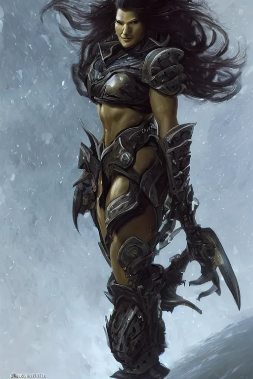 Image similar to a finely detailed portrait of Gina Carano, clothed in battle armor, olive skin, long dark hair, intricate, elegant, digital painting, trending on Artstation, concept art, smooth, sharp focus, illustration, from World of Warcraft, by Ruan Jia and Mandy Jurgens and Artgerm and william-adolphe bouguerea, award winning