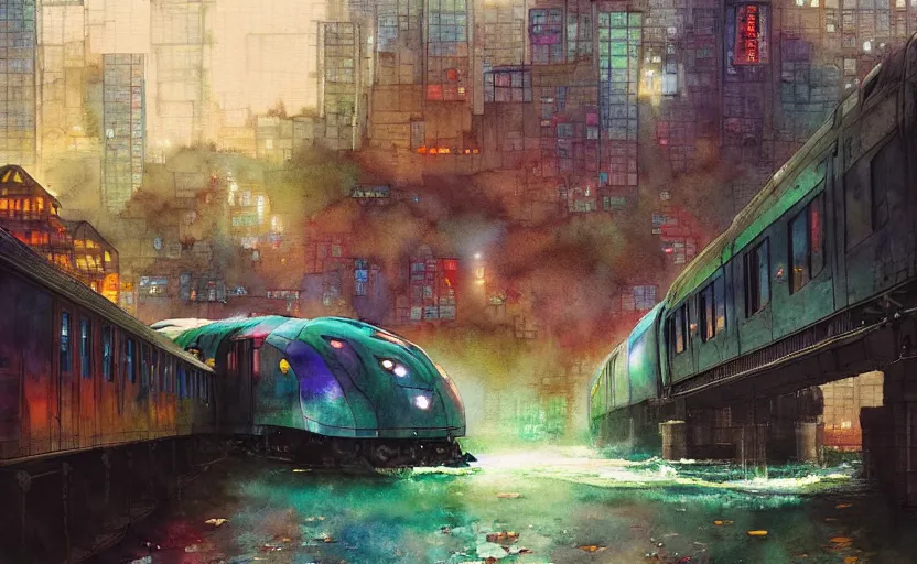 Image similar to an urban train rides inside of a waterway on a fantasy city. intricate, amazing composition, colorful watercolor, by ruan jia, by maxfield parrish, by marc simonetti, by hikari shimoda, by robert hubert, by zhang kechun, illustration, gloomy