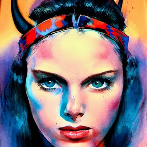 Image similar to detailed details photorealistic beautiful girl wearing devil horn headband in the style of bob peak and alex ross, gouache and wash paints color, detailed details facial and body and human and environments and proportionate, detailed 5 k details.