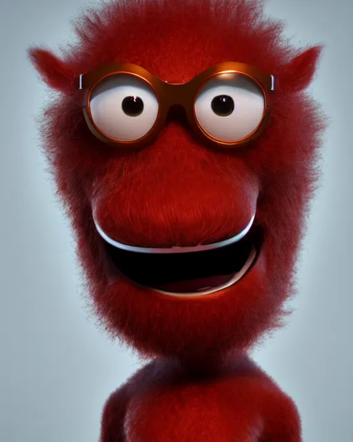 Prompt: 3 d render of completely red hairy friendly antropomorphic creature wearing chrome shades, no nose, small smile, full body, standing on 2 feet, in the style of pixar, white background, unreal engine 5, octane render, highly detailed hdr