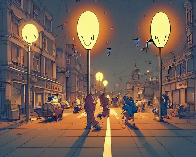 Image similar to a study of cell shaded cartoon of music band playing music street lamps, road, illustration, wide shot, subtle colors, post grunge, concept art by josan gonzales and wlop, by james jean, Victo ngai, David Rubín, Mike Mignola, Laurie Greasley, highly detailed, sharp focus, Trending on Artstation, HQ, deviantart, art by artgem