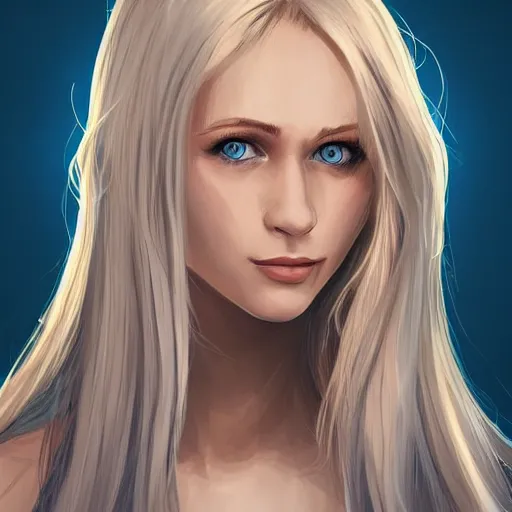 Image similar to portrait, 30 years old women :: fantasy :: blue eyes, long straight blonde hair :: attractive, symmetric face, friendly, smiling :: brown medieval cloting, natural materials :: high detail, digital art, RPG, concept art, illustration