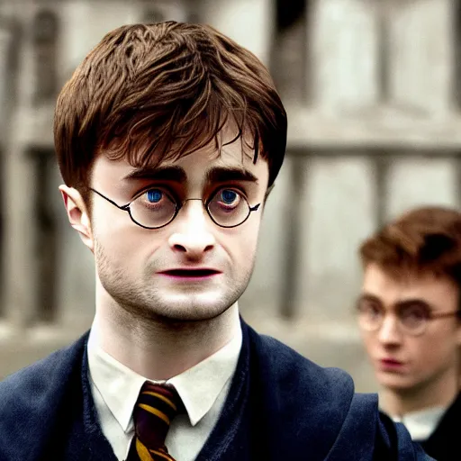 Image similar to Daniel radcliffe as harry potter, epic wide shot, cinematic shading, directed by Christopher Nolan,