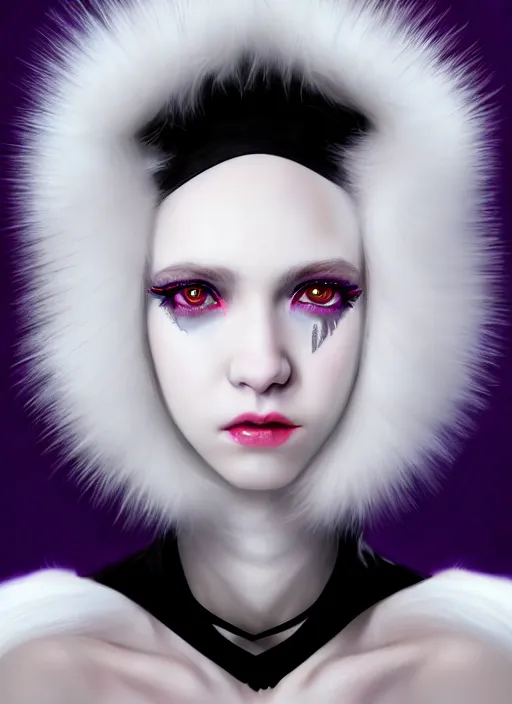 Image similar to whitebangs, black hair, black cyberlox, portrait of white teenage girl, normal face, white bangs, fluffy bangs, cyberlox, whitebangs, red contact lenses, purple background, intricate, elegant, highly detailed, digital painting, artstation, concept art, sharp focus, smooth, illustration, art by wlop, mars ravelo and greg rutkowski