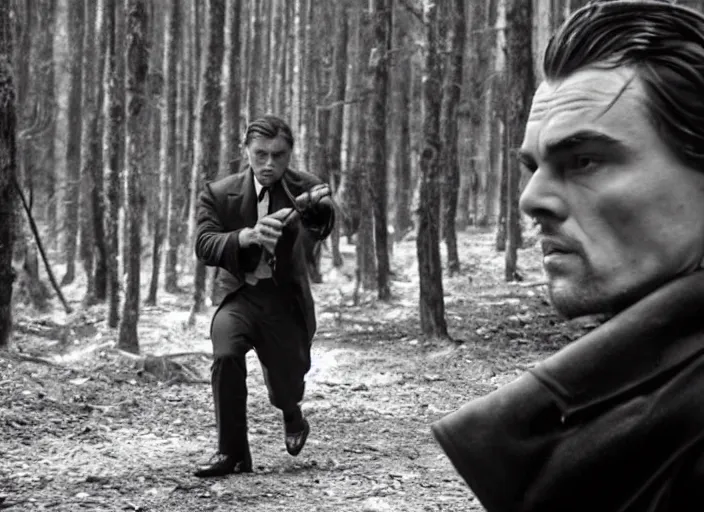 Image similar to an action scene from the movie scarface, medium long shot, costumes from peaky blinders, filmed in the dark woods, a cabin in the background, leonardo dicaprio and daniel day - lewis, sharp eyes, serious expressions, detailed and symmetric faces, black and white, cinematic, epic,