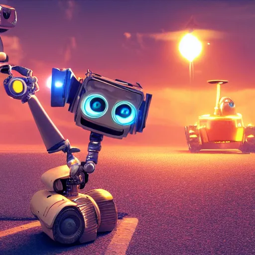 Prompt: Johnny 5 and Walle have a battle to the death, trending on artstation, high definition, 8k, vibrant