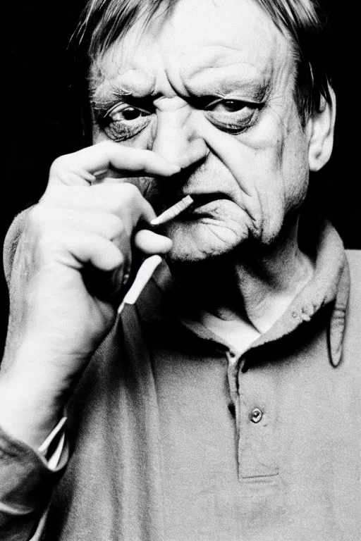 Image similar to highly detailed photo of Mark E Smith, smoking a cigarette