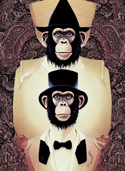 Prompt: a portrait of a chimpanzee, digital painting by ilya kuvshinov, wearing an ornate outfit and hat, by reiq, by takeshi obata, hiromu arakawa, masashi kishimoto, tite kubo, yusuke murata, masashi ando, 4 k wallpaper, masterpiece, gorgeous, stunning