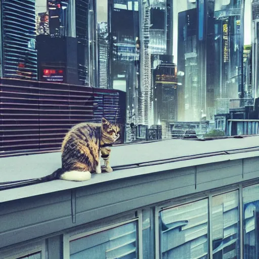 Image similar to Stray cat sitting on a roof watching a cyberpunk futuristic city