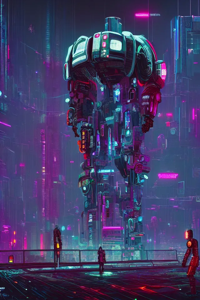 Prompt: cyberpunk mechatower made out of billions of stacked computer screens by simon stalenhag and dan mumford, mass effect fantasy, cinematic lighting