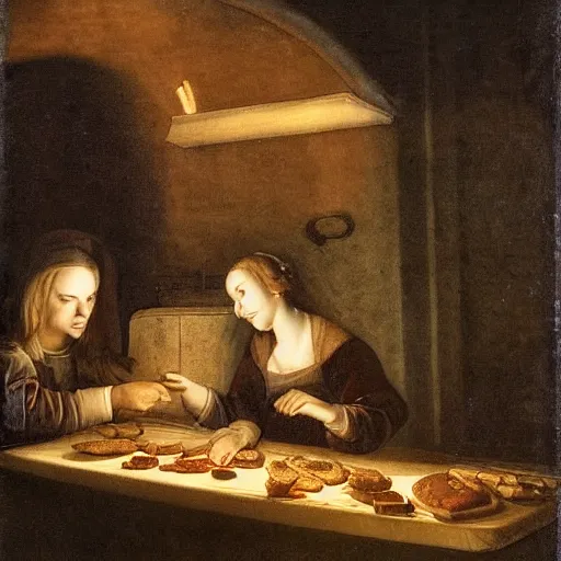 Image similar to one young man and one young woman baking waffles in romantic light painted by davinci