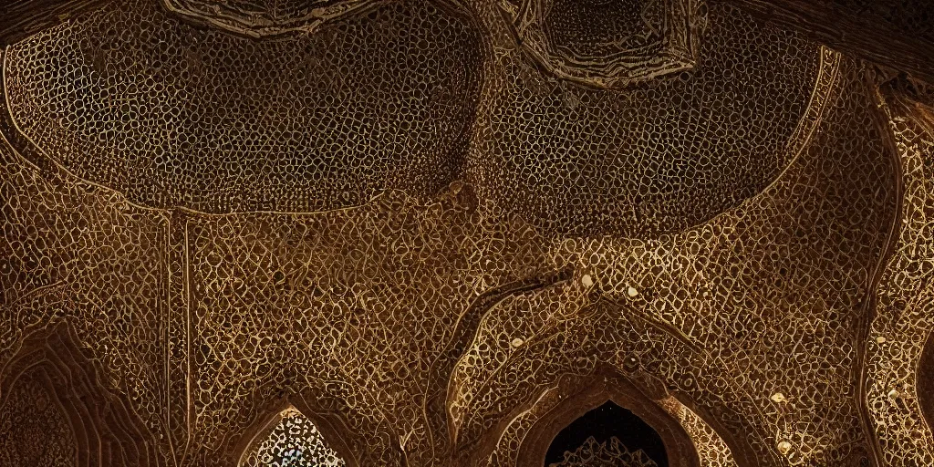 Image similar to an iwan with intricate muqarnas made of glowing obsidian and white marble, beautiful, volumetric lighting, cinematic lighting, golden hour