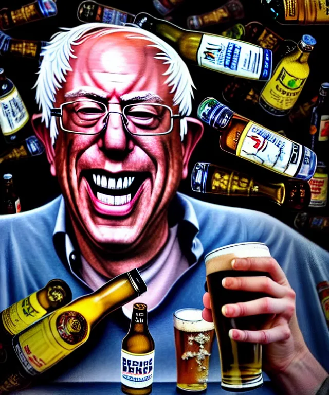 Image similar to hyperrealistic mixed media painting of Bernie Sanders as a laughing drunk, tattered plaid shirt, dimly lit dive bar, scattered empty beer bottles, stunning 3d render inspired art by P. Craig Russell and Barry Windsor-Smith + perfect facial symmetry + dim volumetric lighting, 8k octane beautifully detailed render, post-processing, extremely hyperdetailed, intricate, epic composition, grim yet sparkling atmosphere, cinematic lighting + masterpiece, trending on artstation, very very detailed, masterpiece, stunning