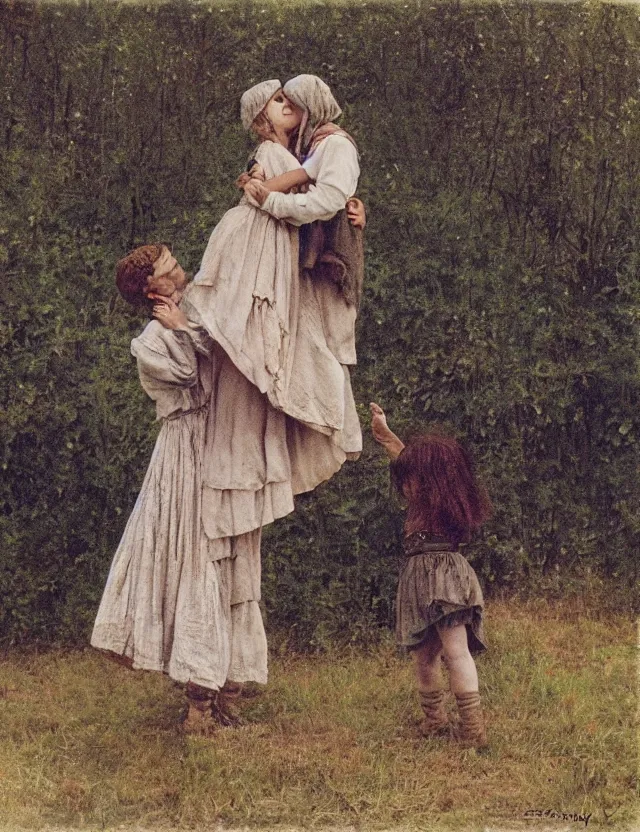 Prompt: peasant boy and girl first kiss, secretly on a village, Cinematic focus, Polaroid photo, vintage, neutral colors, soft lights, foggy, by Steve Hanks, by Serov Valentin, by lisa yuskavage, by Andrei Tarkovsky