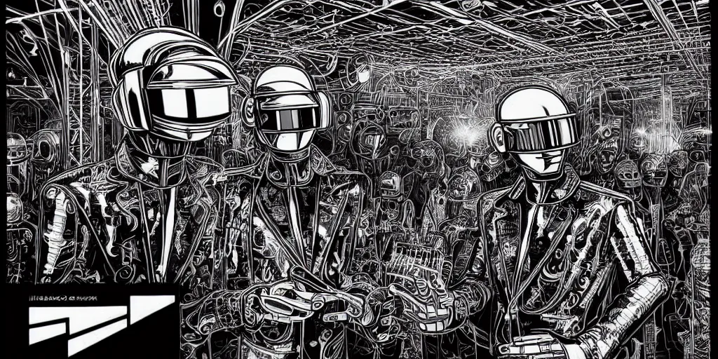 Image similar to intricate detailed artwork of 2 Daft Punk robot rock using a Macbook at an underground warehouse rave in Ibiza, playing techno house music, thousands of beautiful girls in bikini dancing, in the style of Moebius, wires, speakers, black and white ink, some ink drips, sharp details