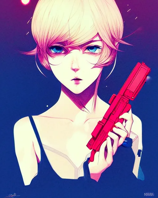 Image similar to girl holding flashbang, detailed manga illustration!! intricate details, beautiful perfect face, perfect body, aesthetically pleasing pastel colors, poster background, aesthetic details, art by conrad roset and ilya kuvshinov