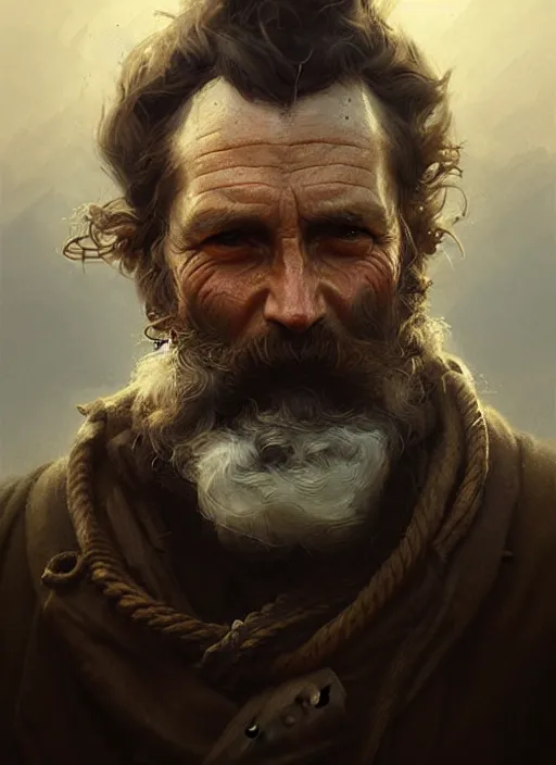 Image similar to portrait of a rugged sea captain, victorian, concept art, detailed face, fantasy, close up face, highly detailed, cinematic lighting, digital art painting by greg rutkowski