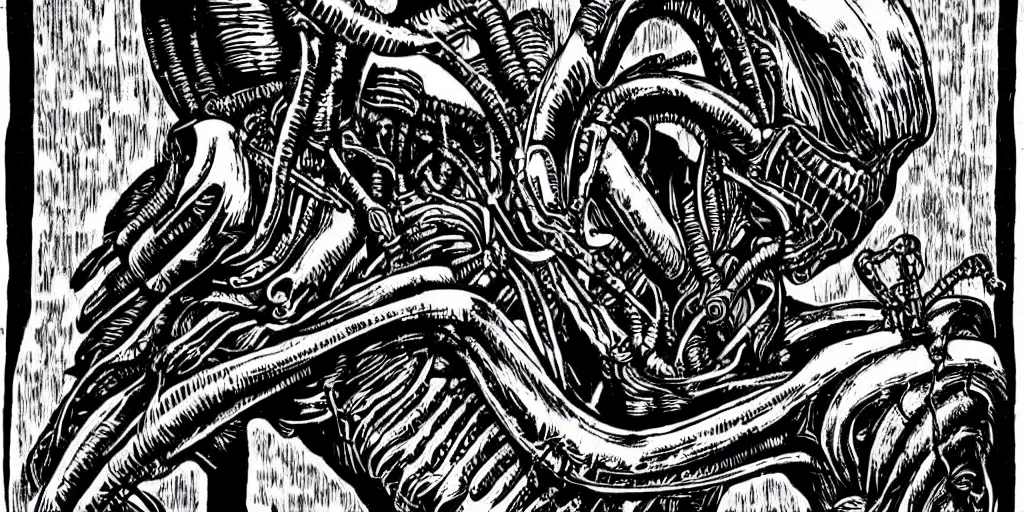 Image similar to alien xenomorph in the style of HR Giger, woodcut, movie scene